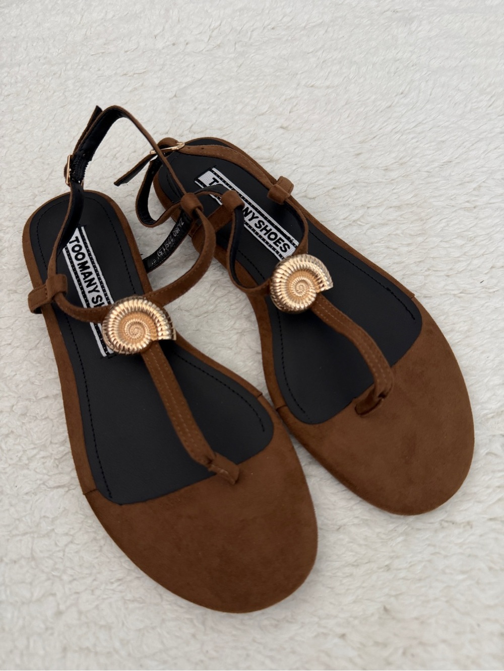 Brand new Brown Suede T-Strap Sandals with Gold Shell Accent